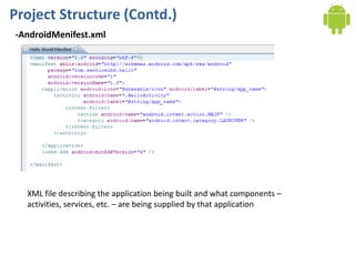 Project Structure (Contd.)
-AndroidMenifest.xml




  XML file describing the application being built and what components –
  activities, services, etc. – are being supplied by that application
 