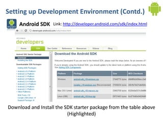 Setting up Development Environment (Contd.)
     Android SDK    Link: http://developer.android.com/sdk/index.html




Download and Install the SDK starter package from the table above
                          (Highlighted)
 