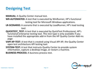 Page 19Classification: Restricted
Designing Test
MANUAL: A Quality Center manual test.
WR-AUTOMATED: A test that is executed by WinRunner, HP's functional
testing tool for Microsoft Windows applications.
LR-SCENARIO: A scenario that is executed by LoadRunner, HP's load testing
tool.
QUICKTEST_TEST: A test that is executed by QuickTest Professional, HP's
functional enterprise testing tool. This test type is only available if you
have installed the appropriate add-in from the HP Quality Center Add-ins
page
VAPI-XP-TEST: A test that is created using Visual API-XP, the Quality Center
open test architecture API testing tool.
SYSTEM-TEST: A test that instructs Quality Center to provide system
information, capture a desktop image, or restart a machine.
BUSINESS-PROCESS: A business process test.
 