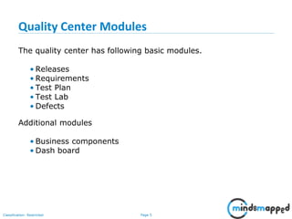 Page 5Classification: Restricted
Quality Center Modules
The quality center has following basic modules.
• Releases
• Requirements
• Test Plan
• Test Lab
• Defects
Additional modules
• Business components
• Dash board
 