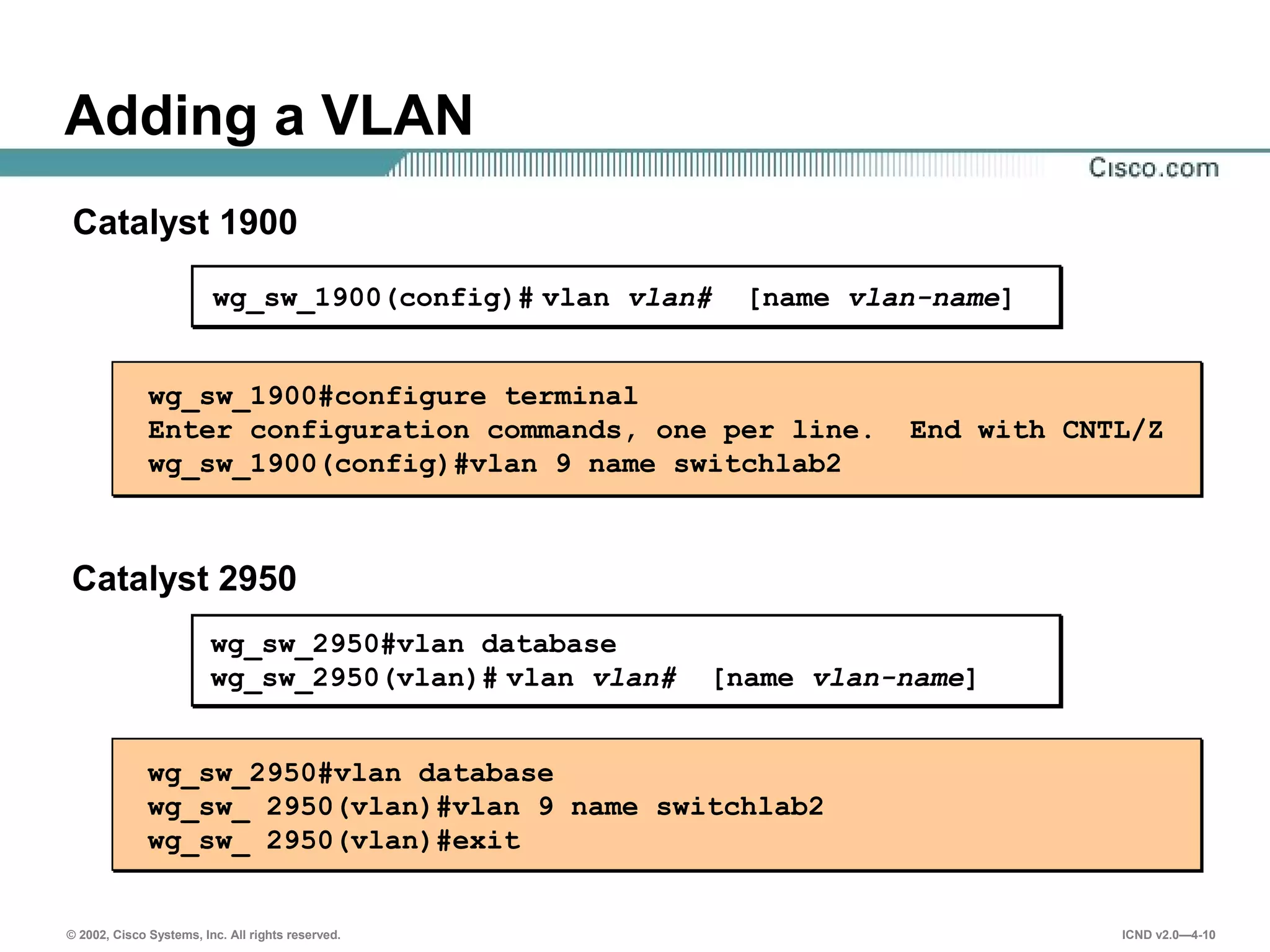 © 2002, Cisco Systems, Inc. All rights reserved. ICND v2.0—4-10
wg_sw_1900(config)# vlan vlan# [name vlan-name]
Adding a VLAN
wg_sw_1900#configure terminal
Enter configuration commands, one per line. End with CNTL/Z
wg_sw_1900(config)#vlan 9 name switchlab2
Catalyst 1900
Catalyst 2950
wg_sw_2950#vlan database
wg_sw_2950(vlan)# vlan vlan# [name vlan-name]
wg_sw_2950#vlan database
wg_sw_ 2950(vlan)#vlan 9 name switchlab2
wg_sw_ 2950(vlan)#exit
 