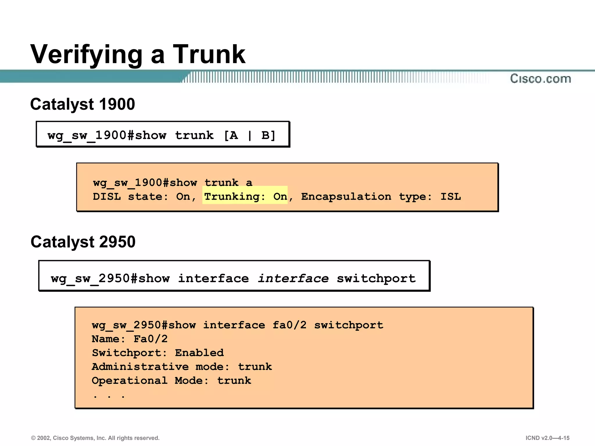 © 2002, Cisco Systems, Inc. All rights reserved. ICND v2.0—4-15
wg_sw_1900#show trunk a
DISL state: On, Trunking: On, Encapsulation type: ISL
wg_sw_1900#show trunk [A | B]
Verifying a Trunk
Catalyst 1900
Catalyst 2950
wg_sw_2950#show interface interface switchport
wg_sw_2950#show interface fa0/2 switchport
Name: Fa0/2
Switchport: Enabled
Administrative mode: trunk
Operational Mode: trunk
. . .
 
