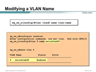 © 2002, Cisco Systems, Inc. All rights reserved. ICND v2.0—4-11
wg_sw_a(config)#vlan vlan# name vlan-name
wg_sw_a#configure terminal
Enter configuration commands, one per line. End with CNTL/Z
wg_sw_a(config)#vlan 9 name switchlab90
wg_sw_a#show vlan 9
VLAN Name Status Ports
------------------------------------------------
9 switchlab90 Enabled
------------------------------------------------
Modifying a VLAN Name
 