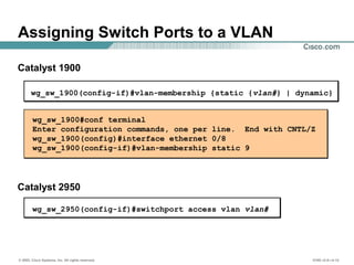 © 2002, Cisco Systems, Inc. All rights reserved. ICND v2.0—4-12
wg_sw_1900(config-if)#vlan-membership {static {vlan#} | dynamic}
Assigning Switch Ports to a VLAN
wg_sw_1900#conf terminal
Enter configuration commands, one per line. End with CNTL/Z
wg_sw_1900(config)#interface ethernet 0/8
wg_sw_1900(config-if)#vlan-membership static 9
Catalyst 1900
Catalyst 2950
wg_sw_2950(config-if)#switchport access vlan vlan#
 