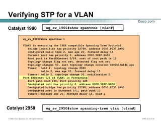 © 2002, Cisco Systems, Inc. All rights reserved. ICND v2.0—4-19
wg_sw_1900#show spantree 1
VLAN1 is executing the IEEE compatible Spanning Tree Protocol
Bridge Identifier has priority 32768, address 0050.F037.DA00
Configured hello time 2, max age 20, forward delay 15
Current root has priority 0, address 00D0.588F.B600
Root port is FastEthernet 0/26, cost of root path is 10
Topology change flag not set, detected flag not set
Topology changes 53, last topology change occurred 0d00h17m14s ago
Times: hold 1, topology change 8960
hello 2, max age 20, forward delay 15
Timers: hello 2, topology change 35, notification 2
Port Ethernet 0/1 of VLAN1 is Forwarding
Port path cost 100, Port priority 128
Designated root has priority 0, address 00D0.588F.B600
Designated bridge has priority 32768, address 0050.F037.DA00
Designated port is Ethernet 0/1, path cost 10
Timers: message age 20, forward delay 15, hold 1
wg_sw_1900#show spantree [vlan#]
Verifying STP for a VLAN
Catalyst 1900
Catalyst 2950 wg_sw_2950#show spanning-tree vlan [vlan#]
 