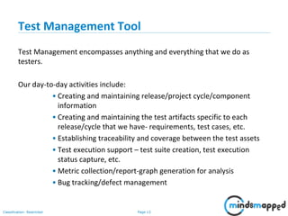 Page 13Classification: Restricted
Test Management Tool
Test Management encompasses anything and everything that we do as
testers.
Our day-to-day activities include:
• Creating and maintaining release/project cycle/component
information
• Creating and maintaining the test artifacts specific to each
release/cycle that we have- requirements, test cases, etc.
• Establishing traceability and coverage between the test assets
• Test execution support – test suite creation, test execution
status capture, etc.
• Metric collection/report-graph generation for analysis
• Bug tracking/defect management
 
