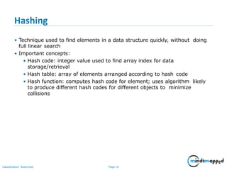 Hashing
Classification: Restricted Page 15
• Technique used to find elements in a data structure quickly, without doing
full linear search
• Important concepts:
• Hash code: integer value used to find array index for data
storage/retrieval
• Hash table: array of elements arranged according to hash code
• Hash function: computes hash code for element; uses algorithm likely
to produce different hash codes for different objects to minimize
collisions
 