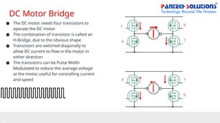 DC Motor Bridge
● The DC motor needs four transistors to
operate the DC motor
● The combination of transistor is called an
H-Bridge, due to the obvious shape
● Transistors are switched diagonally to
allow DC current to flow in the motor in
either direction
● The transistors can be Pulse Width
Modulated to reduce the average voltage
at the motor, useful for controlling current
and speed
0
1
1
1
0
0
0
 