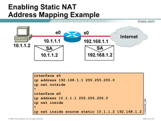 © 2002, Cisco Systems, Inc. All rights reserved. ICND v2.0—6-8
Enabling Static NAT
Address Mapping Example
 