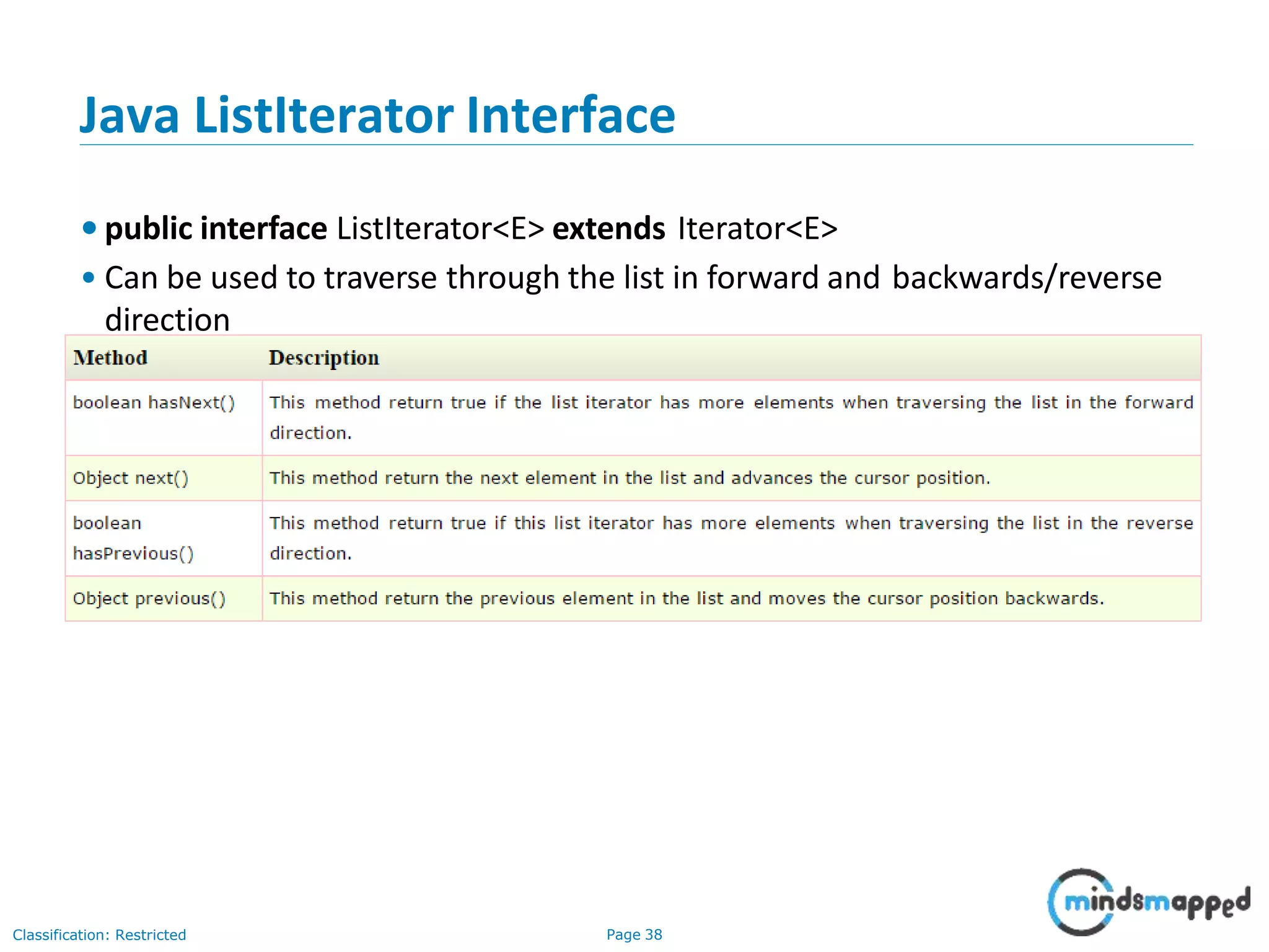 Java ListIterator Interface
• public interface ListIterator<E> extends Iterator<E>
• Can be used to traverse through the list in forward and backwards/reverse
direction
Classification: Restricted Page 38
 