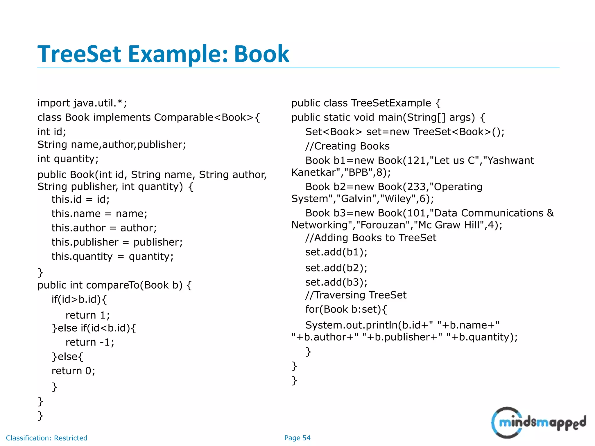 TreeSet Example: Book
Classification: Restricted Page 54
import java.util.*;
class Book implements Comparable<Book>{
int id;
String name,author,publisher;
int quantity;
public Book(int id, String name, String author,
String publisher, int quantity) {
this.id = id;
this.name = name;
this.author = author;
this.publisher = publisher;
this.quantity = quantity;
}
public int compareTo(Book b) {
if(id>b.id){
return 1;
}else if(id<b.id){
return -1;
}else{
return 0;
}
}
}
public class TreeSetExample {
public static void main(String[] args) {
Set<Book> set=new TreeSet<Book>();
//Creating Books
Book b1=new Book(121,"Let us C","Yashwant
Kanetkar","BPB",8);
Book b2=new Book(233,"Operating
System","Galvin","Wiley",6);
Book b3=new Book(101,"Data Communications &
Networking","Forouzan","Mc Graw Hill",4);
//Adding Books to TreeSet
set.add(b1);
set.add(b2);
set.add(b3);
//Traversing TreeSet
for(Book b:set){
System.out.println(b.id+" "+b.name+"
"+b.author+" "+b.publisher+" "+b.quantity);
}
}
}
 