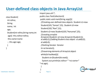 User-defined class objects in Java ArrayList
Classification: Restricted Page 21
class Student{
int rollno;
String
name; int
age;
Student(int rollno,String name,int
age){ this.rollno=rollno;
this.name=name
; this.age=age;
}
}
import java.util.*;
public class TestCollection3{
public static void main(String args[]){
//Creating user-defined class objects Student s1=new
Student(101,"Sonoo",23); Student s2=new
Student(102,"Ravi",21);
Student s2=new Student(103,"Hanumat",25);
//creating arraylist
ArrayList<Student> al=new ArrayList<Student>();
al.add(s1);//adding Student class object al.add(s2);
al.add(s3);
//Getting Iterator Iterator
itr=al.iterator();
//traversing elements of ArrayList object
while(itr.hasNext()){
Student st=(Student)itr.next();
System.out.println(st.rollno+" "+st.name+"
"+st.age);
}
}
 