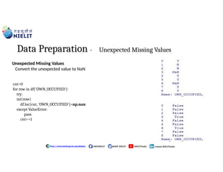 Data Preparation - Unexpected Missing Values
Unexpected Missing Values
Convert the unexpected value to NaN
cnt=0
for row in df['OWN_OCCUPIED']:
try:
int(row)
df.loc[cnt, 'OWN_OCCUPIED']=np.nan
except ValueError:
pass
cnt+=1
http://www.nielit.gov.in/gorakhpur /GKP.NIELIT @GKP_NIELIT /NIELITIndia /school/NIELITIndia
 