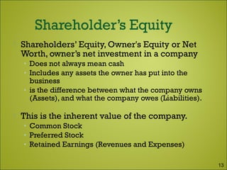  Shareholders’ Equity, Owner's Equity or Net
Worth, owner’s net investment in a company
• Does not always mean cash
• Includes any assets the owner has put into the
business
• is the difference between what the company owns
(Assets), and what the company owes (Liabilities).
 This is the inherent value of the company.
• Common Stock
• Preferred Stock
• Retained Earnings (Revenues and Expenses)
13
 