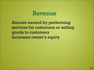  Amount earned by performing
services for customers or selling
goods to customers
 Increases owner’s equity
22
 