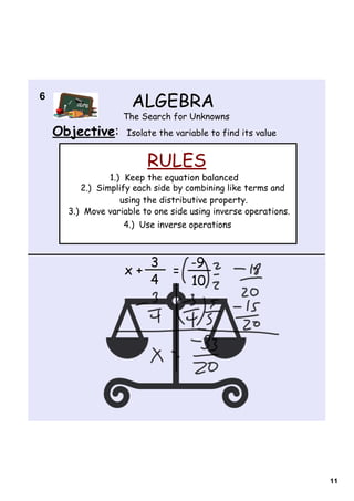 6    
                       ALGEBRA
                     The Search for Unknowns
    Objective:        Isolate the variable to find its value


                           RULES
                  1.) Keep the equation balanced
           2.) Simplify each side by combining like terms and
                     using the distributive property.
        3.) Move variable to one side using inverse operations.
                      4.) Use inverse operations



                            3         -9
                      x+         =
                            4         10




                                                                  11
 