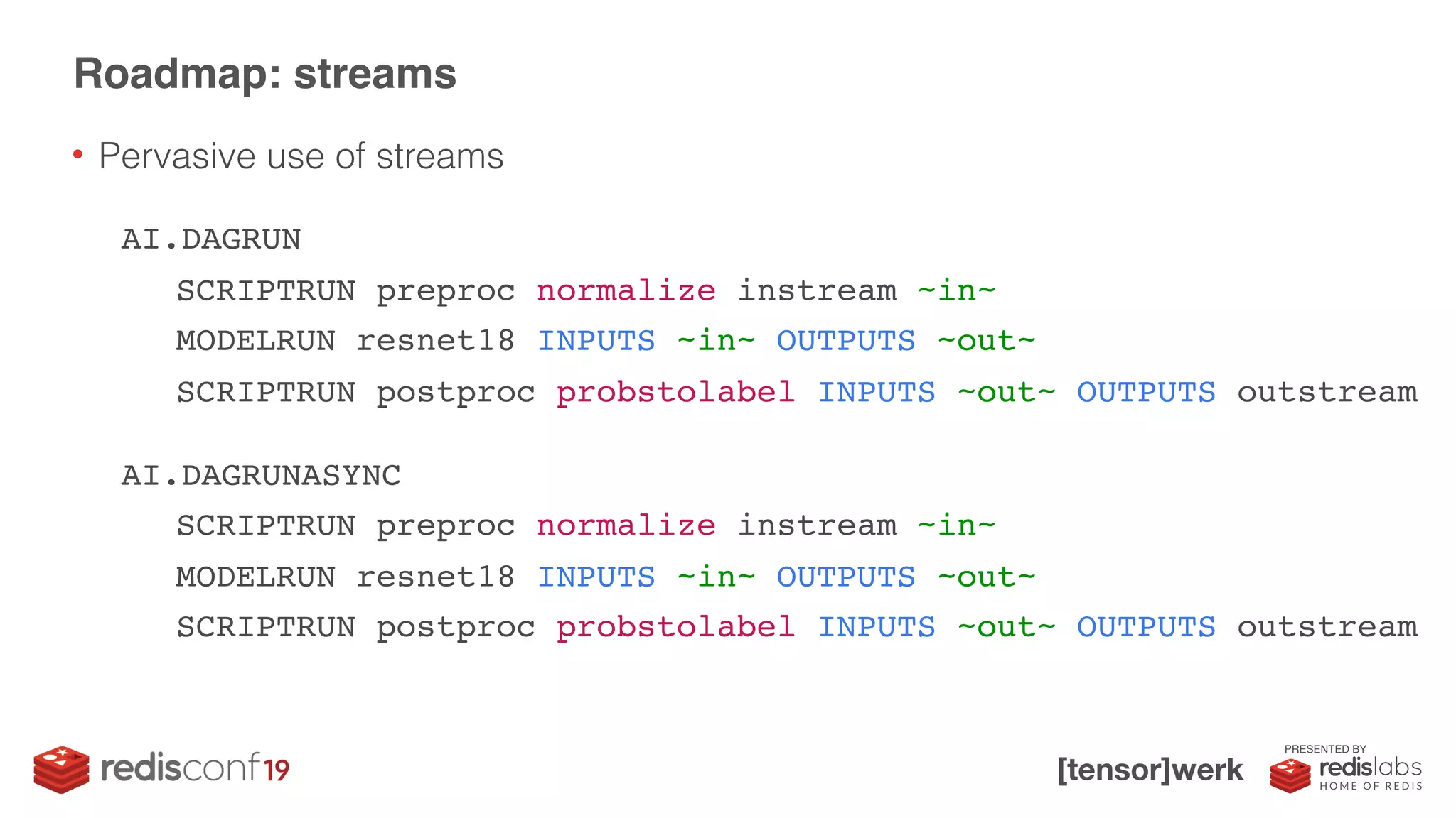 PRESENTED BY
• Pervasive use of streams
Roadmap: streams
AI.DAGRUN
SCRIPTRUN preproc normalize instream ~in~
MODELRUN resnet18 INPUTS ~in~ OUTPUTS ~out~
SCRIPTRUN postproc probstolabel INPUTS ~out~ OUTPUTS outstream
AI.DAGRUNASYNC
SCRIPTRUN preproc normalize instream ~in~
MODELRUN resnet18 INPUTS ~in~ OUTPUTS ~out~
SCRIPTRUN postproc probstolabel INPUTS ~out~ OUTPUTS outstream
 