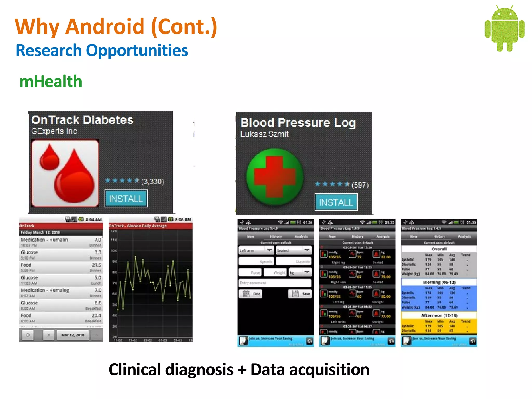 Why Android (Cont.)
Research Opportunities
mHealth




           Clinical diagnosis + Data acquisition
 