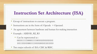 Instruction Set Architecture (ISA)
• Group of instructions to execute a program.
• Instructions are in the form of: Opcode + Operand.
• An agreement between hardware and human for making interaction
• Example : ADD R1, R2, R3
• Can be represented as :
00101111100001111001010101010101
10111010100011110101001011011010
• Two major schools of ISA: CISC & RISC.
 