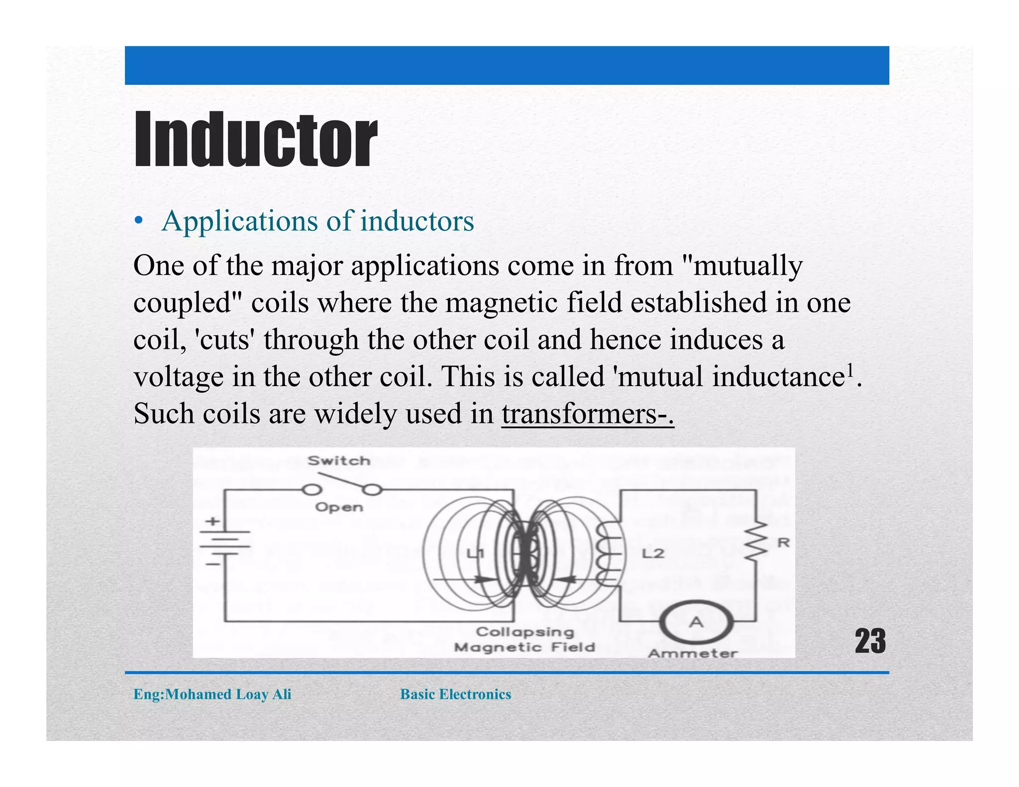 Inductor
• Applications of inductors
One of the major applications come in from "mutually
coupled" coils where the magnetic field established in one
coil, 'cuts' through the other coil and hence induces a
voltage in the other coil. This is called 'mutual inductance1.
Such coils are widely used in transformers-.
Eng:Mohamed Loay Ali Basic Electronics
23
 