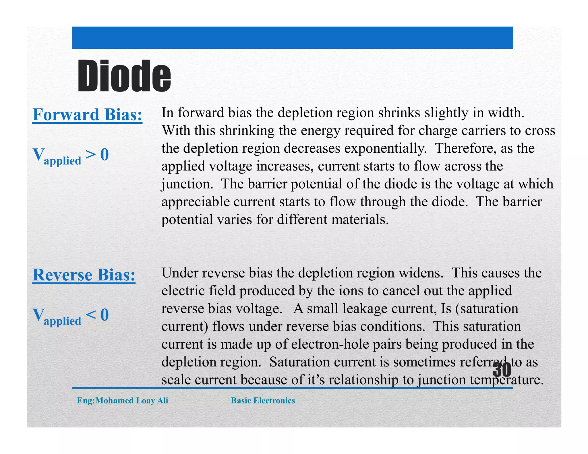 Forward Bias: In forward bias the depletion region shrinks slightly in width.
With this shrinking the energy required for charge carriers to cross
the depletion region decreases exponentially. Therefore, as the
applied voltage increases, current starts to flow across the
junction. The barrier potential of the diode is the voltage at which
appreciable current starts to flow through the diode. The barrier
potential varies for different materials.
Reverse Bias: Under reverse bias the depletion region widens. This causes the
electric field produced by the ions to cancel out the applied
reverse bias voltage. A small leakage current, Is (saturation
current) flows under reverse bias conditions. This saturation
current is made up of electron-hole pairs being produced in the
depletion region. Saturation current is sometimes referred to as
scale current because of it’s relationship to junction temperature.
Vapplied > 0
Vapplied < 0
Diode
Eng:Mohamed Loay Ali Basic Electronics
30
 
