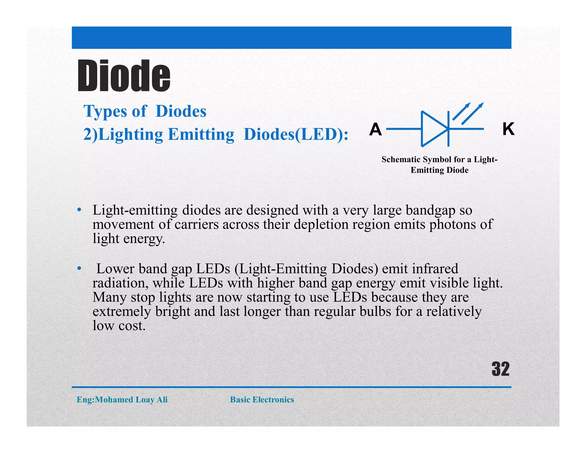 Diode
• Light-emitting diodes are designed with a very large bandgap so
movement of carriers across their depletion region emits photons of
light energy.
• Lower band gap LEDs (Light-Emitting Diodes) emit infrared
radiation, while LEDs with higher band gap energy emit visible light.
Many stop lights are now starting to use LEDs because they are
extremely bright and last longer than regular bulbs for a relatively
low cost.
2)Lighting Emitting Diodes(LED): A
Schematic Symbol for a Light-
Emitting Diode
K
Types of Diodes
Eng:Mohamed Loay Ali Basic Electronics
32
 