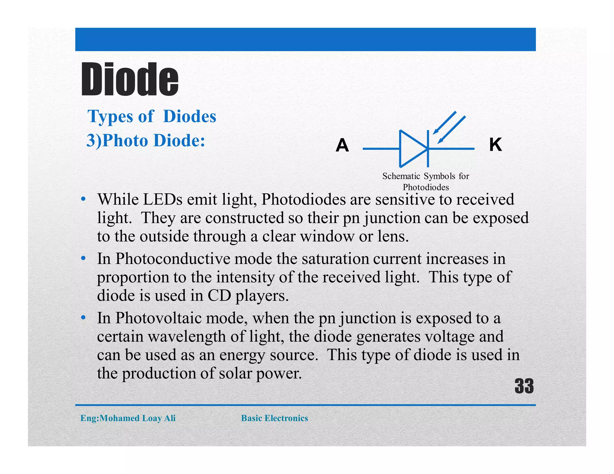 Diode
• While LEDs emit light, Photodiodes are sensitive to received
light. They are constructed so their pn junction can be exposed
to the outside through a clear window or lens.
• In Photoconductive mode the saturation current increases in
proportion to the intensity of the received light. This type of
diode is used in CD players.
• In Photovoltaic mode, when the pn junction is exposed to a
certain wavelength of light, the diode generates voltage and
can be used as an energy source. This type of diode is used in
the production of solar power.
Types of Diodes
3)Photo Diode: KA
Schematic Symbols for
Photodiodes
Eng:Mohamed Loay Ali Basic Electronics
33
 