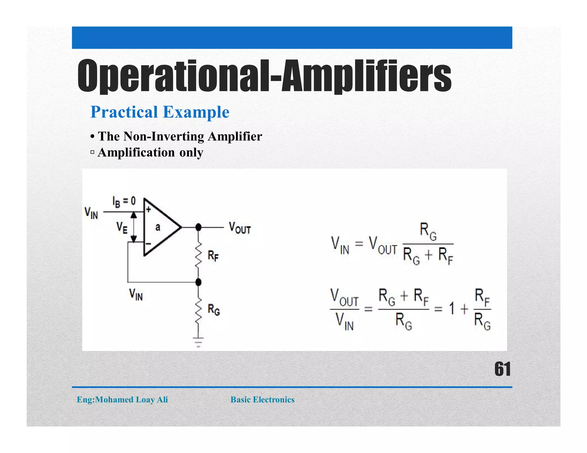 Operational-Amplifiers
Practical Example
• The Non-Inverting Amplifier
▫ Amplification only
Eng:Mohamed Loay Ali Basic Electronics
61
 