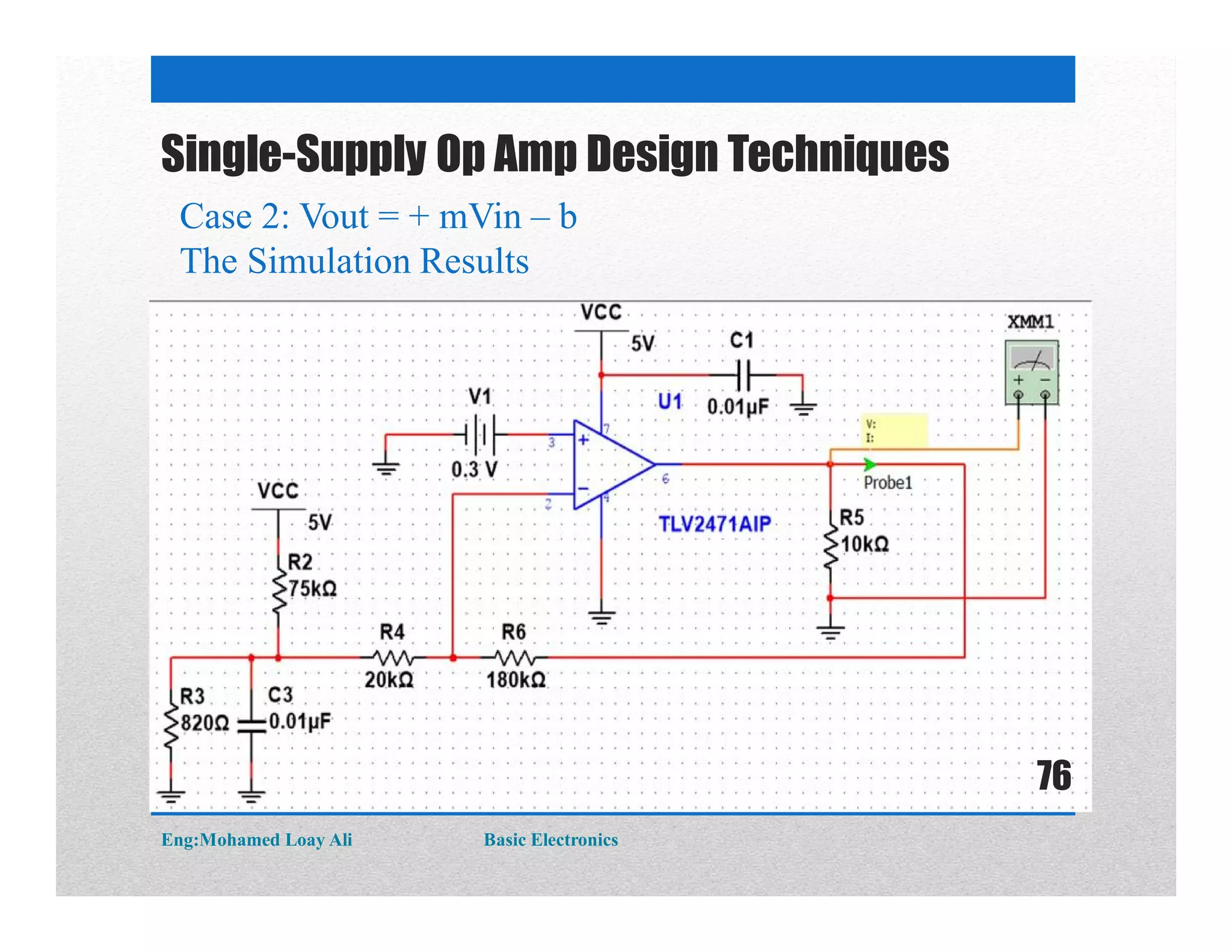 Single-Supply Op Amp Design Techniques
Case 2: Vout = + mVin – b
The Simulation Results
Eng:Mohamed Loay Ali Basic Electronics
76
 