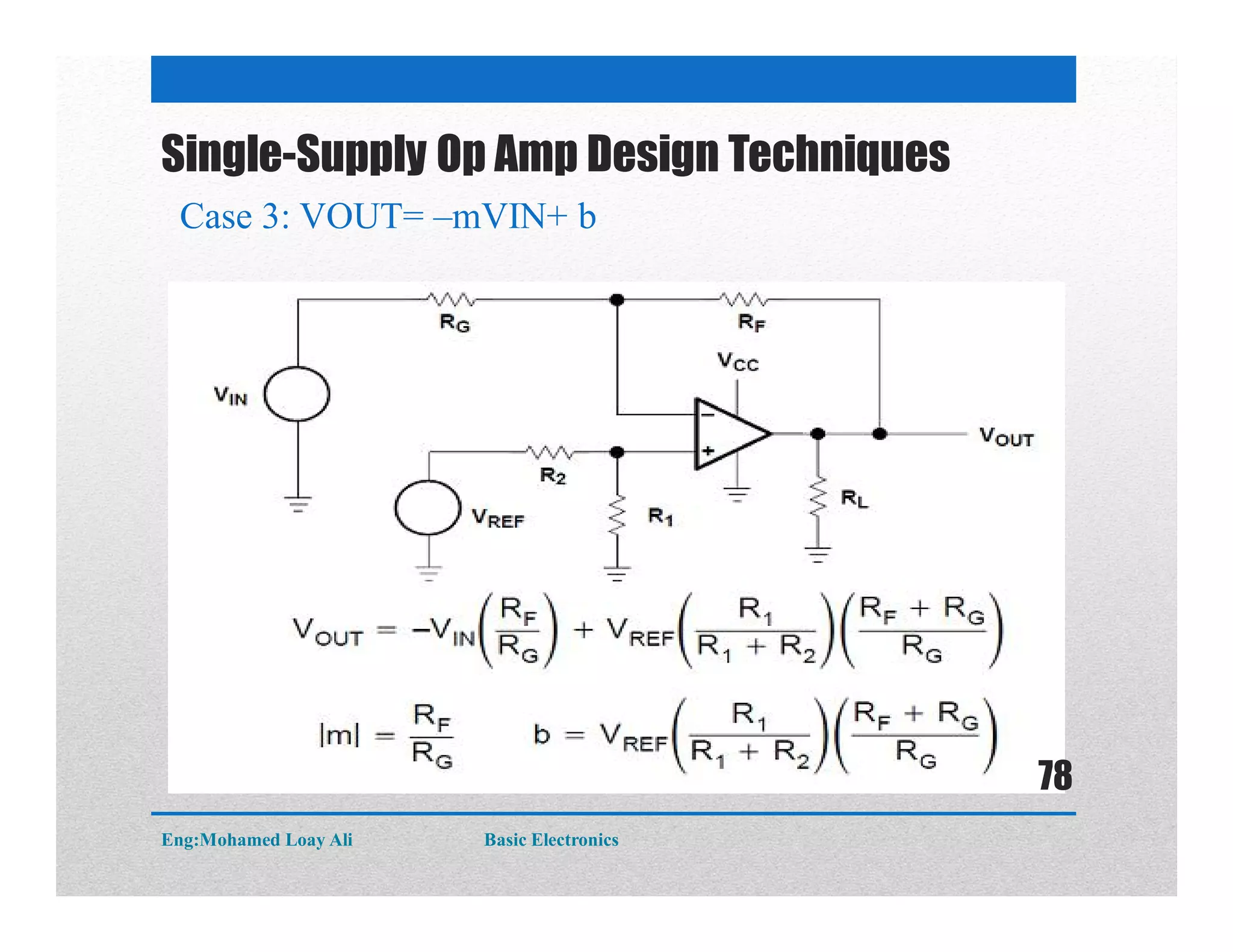 Single-Supply Op Amp Design Techniques
Case 3: VOUT= –mVIN+ b
Eng:Mohamed Loay Ali Basic Electronics
78
 