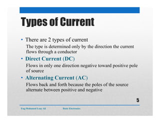 Types of Current
• There are 2 types of current
The type is determined only by the direction the current
flows through a conductor
• Direct Current (DC)
Flows in only one direction negative toward positive pole
of source
• Alternating Current (AC)
Flows back and forth because the poles of the source
alternate between positive and negative
Eng:Mohamed Loay Ali Basic Electronics
5
 