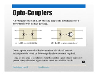 Opto-Couplers
An optocoupleruses an LED optically coupled to a photodiode or a
phototransistor in a single package.
Optocouplers are used to isolate sections of a circuit that are
incompatible in terms of the voltage levels or currents required.
They are also used to isolate low-current control or signal circuits from noisy
power supply circuits or higher-current motor and machine circuits
Eng:Mohamed Loay Ali Basic Electronics
54
 