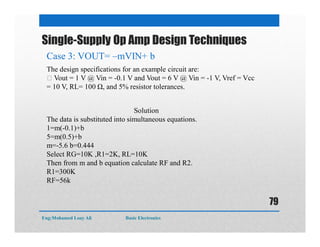 Single-Supply Op Amp Design Techniques
Case 3: VOUT= –mVIN+ b
The design specifications for an example circuit are:
Vout = 1 V @ Vin = -0.1 V and Vout = 6 V @ Vin = -1 V, Vref = Vcc
= 10 V, RL= 100 Ω, and 5% resistor tolerances.
Solution
The data is substituted into simultaneous equations.
1=m(-0.1)+b
5=m(0.5)+b
m=-5.6 b=0.444
Select RG=10K ,R1=2K, RL=10K
Then from m and b equation calculate RF and R2.
R1=300K
RF=56k
Eng:Mohamed Loay Ali Basic Electronics
79
 
