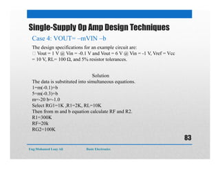Single-Supply Op Amp Design Techniques
The design specifications for an example circuit are:
Vout = 1 V @ Vin = -0.1 V and Vout = 6 V @ Vin = -1 V, Vref = Vcc
= 10 V, RL= 100 Ω, and 5% resistor tolerances.
Solution
The data is substituted into simultaneous equations.
1=m(-0.1)+b
5=m(-0.3)+b
m=-20 b=-1.0
Select RG1=1K ,R1=2K, RL=10K
Then from m and b equation calculate RF and R2.
R1=300K
RF=20k
RG2=100K
Case 4: VOUT= –mVIN –b
Eng:Mohamed Loay Ali Basic Electronics
83
 