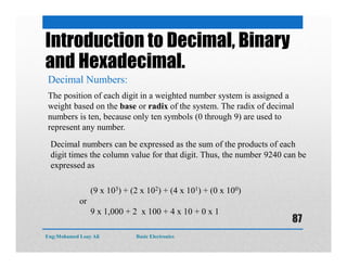 Introduction to Decimal, Binary
and Hexadecimal.
Decimal Numbers:
The position of each digit in a weighted number system is assigned a
weight based on the base or radix of the system. The radix of decimal
numbers is ten, because only ten symbols (0 through 9) are used to
represent any number.
(9 x 103) + (2 x 102) + (4 x 101) + (0 x 100)
or
9 x 1,000 + 2 x 100 + 4 x 10 + 0 x 1
Decimal numbers can be expressed as the sum of the products of each
digit times the column value for that digit. Thus, the number 9240 can be
expressed as
Eng:Mohamed Loay Ali Basic Electronics
87
 