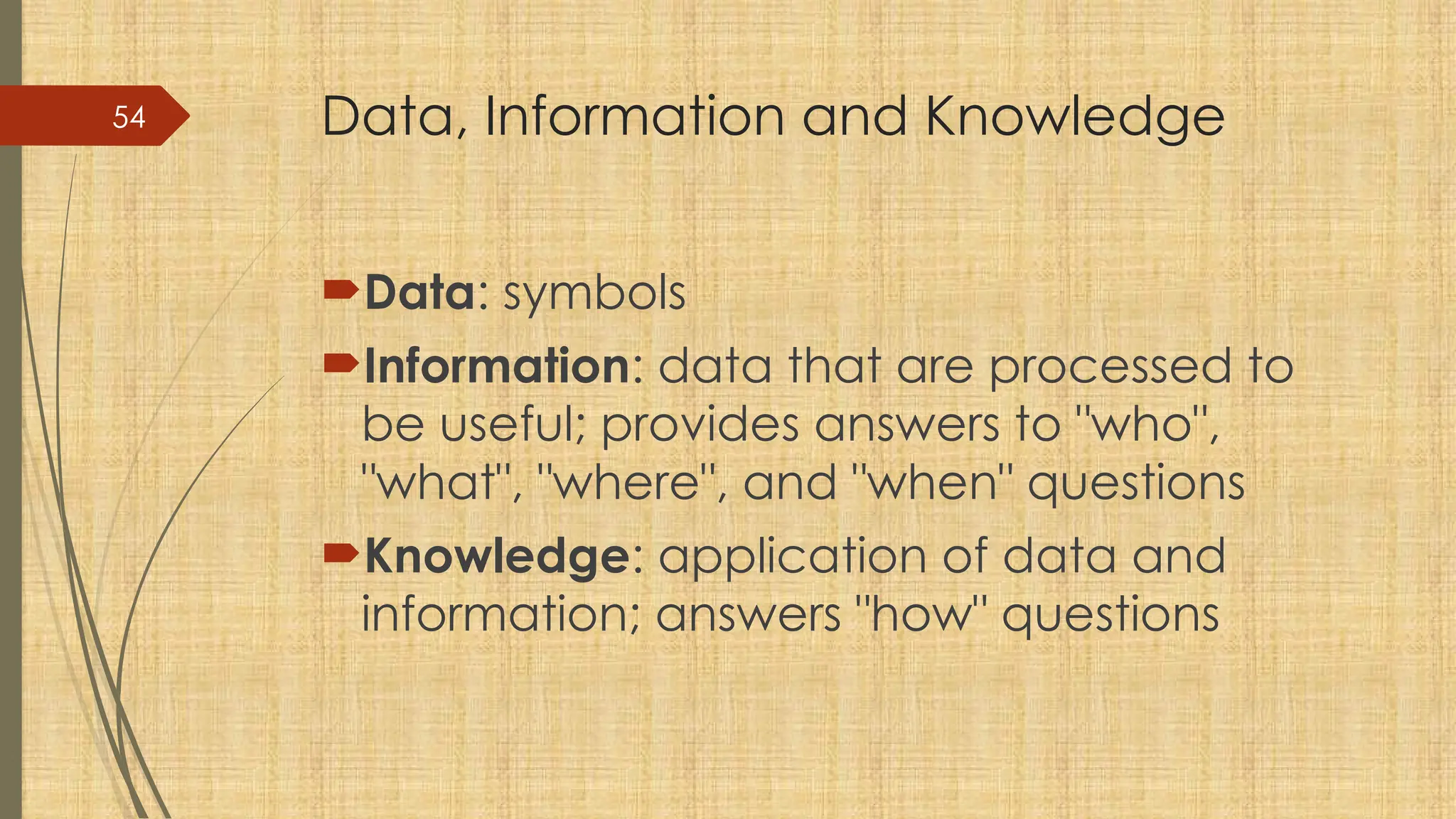 54 Data, Information and Knowledge
Data: symbols
Information: data that are processed to
be useful; provides answers to "who",
"what", "where", and "when" questions
Knowledge: application of data and
information; answers "how" questions
 