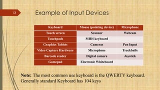13 Example of Input Devices
Keyboard Mouse (pointing device) Microphone
Touch screen Scanner Webcam
Touchpads MIDI keyboard
Graphics Tablets Cameras Pen Input
Video Capture Hardware Microphone Trackballs
Barcode reader Digital camera Joystick
Gamepad Electronic Whiteboard
Note: The most common use keyboard is the QWERTY keyboard.
Generally standard Keyboard has 104 keys
 