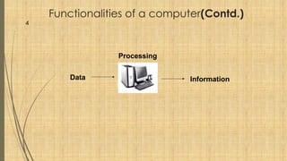 Functionalities of a computer(Contd.)
Data Information
Processing
4
 