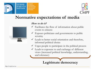 Normative expectations of media
How to do it?
 Facilitates the flow of information about public
events to citizens
 Exposes politicians and governments to public
scrutiny
 Leads to better social orientation and therefore,
informed political choice
 Urges people to participate in the political process
 Leads to exposure to and exchange of different
views (increased political knowledge, understanding,
and tolerance)
Legitimate democracy
 