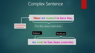 Complex Sentence
Since we wanted to have fun,
we went to San Juan yesterday.
Predicate
Subject
Subordinating
Conjunction
Part that cannot stand alone
 