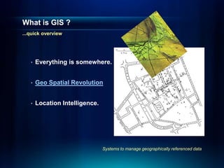 What is GIS ?
...quick overview




   •   Everything is somewhere.


   •   Geo Spatial Revolution


   •   Location Intelligence.




                                Systems to manage geographically referenced data
 