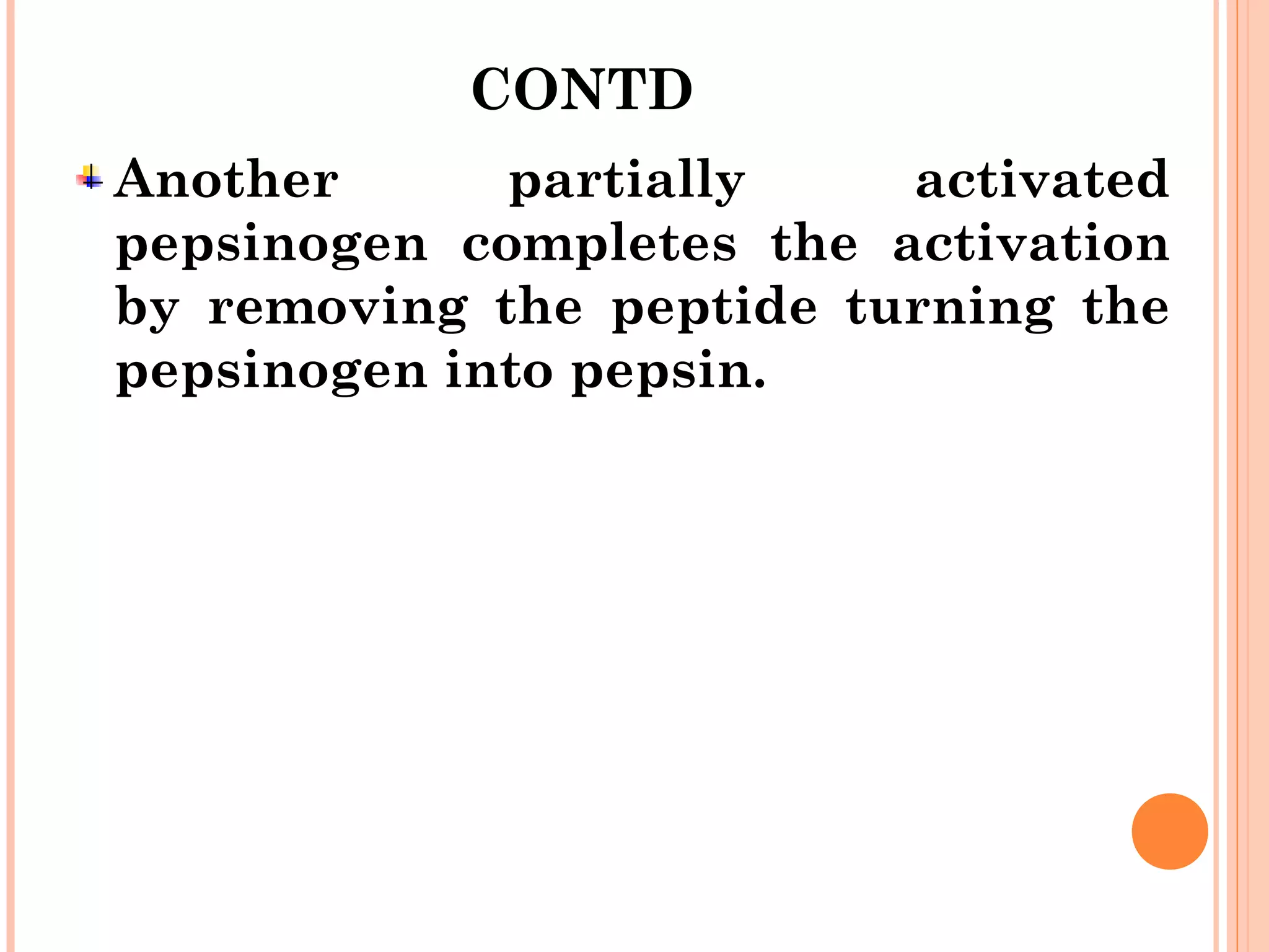 CONTD
Another partially activated
pepsinogen completes the activation
by removing the peptide turning the
pepsinogen into pepsin.
 
