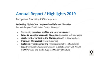 Annual Report / Highlights 2019
Europeana Impact I 366 members
Developing tools & methodologies to measure the impact of C...