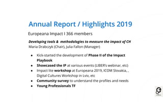 Annual Report / Highlights 2019
Europeana Copyright I 300 ENA members
Supporting professionals in the CH to navigate copyr...