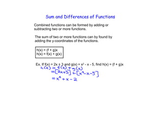 Sum and Differences of Functions
Combined functions can be formed by adding or
subtracting two or more functions.

The sum of two or more functions can by found by
adding the y-coordinates of the functions.

 h(x) = (f + g)x
 h(x) = f(x) + g(x)

 Ex. If f(x) = 2x + 3 and g(x) = x2 - x - 5, find h(x) = (f + g)x
 