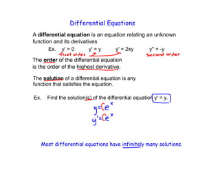 Differential Equations
A differential equation is an equation relating an unknown
function and its derivatives
The order of the differential equation
is the order of the highest derivative.
Ex. y' = 0 y' = y y' = 2xy y'' = -y
Ex. Find the solution(s) of the differential equation y' = y.
The solution of a differential equation is any
function that satisfies the equation.
Most differential equations have infinitely many solutions.
 