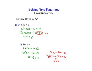 Solving Trig Equations
Linear & Quadratic

Review: Solve for "x"
+ 5x = 6

 