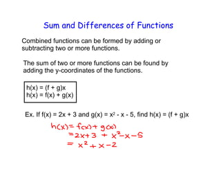 Sum and Differences of Functions
Combined functions can be formed by adding or
subtracting two or more functions.
The sum of two or more functions can be found by
adding the y-coordinates of the functions.
h(x) = (f + g)x
h(x) = f(x) + g(x)
Ex. If f(x) = 2x + 3 and g(x) = x - x - 5, find h(x) = (f + g)x

 