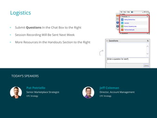 Logistics
• Submit Questions In the Chat Box to the Right
• Session Recording Will Be Sent Next Week
• More Resources In the Handouts Section to the Right
TODAY’S SPEAKERS
Pat Petriello
Senior Marketplace Strategist
CPC Strategy
Jeff Coleman
Director, Account Management
CPC Strategy
 
