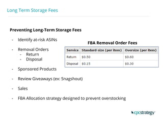 Long Term Storage Fees
FBA Removal Order Fees
Preventing Long-Term Storage Fees
- Identify at-risk ASINs
- Removal Orders
- Return
- Disposal
- Sponsored Products
- Review Giveaways (ex: Snagshout)
- Sales
- FBA Allocation strategy designed to prevent overstocking
 